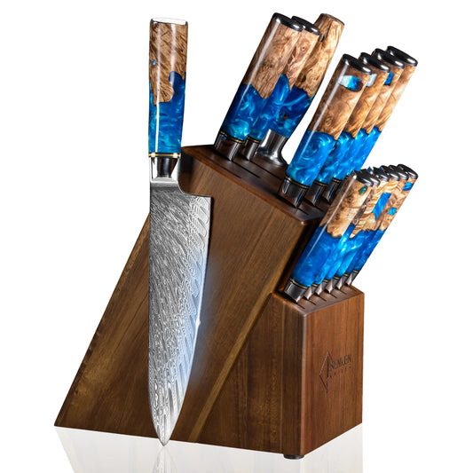 Homer 15-Piece Damascus Steel Tsunami Knife Block Set 67 Layer VG10 Japanese Steel - Includes Chef Knife Set, Steak Knives, Sharpening Rod, & More