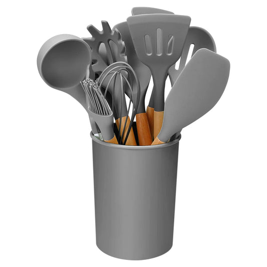 11-Piece Silicone Kitchen Utensil Set with Wooden Handles - Heat Resistant, Non-Scratch, BPA-Free - Includes Holder for Easy Storage