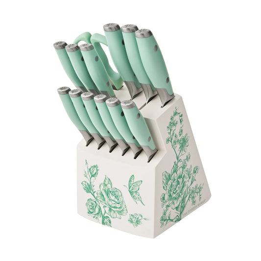 Homer 14 Pieces Knife Set with Decal Block Stainless Steel Knives, Forged, Green Agatha