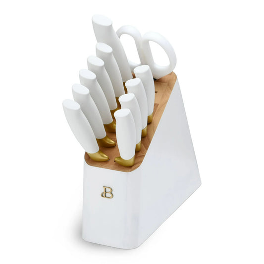 Homer 12 Piece Stainless Steel Knife Block Set, Soft-Grip Handles White Icing by Drew Barrymore